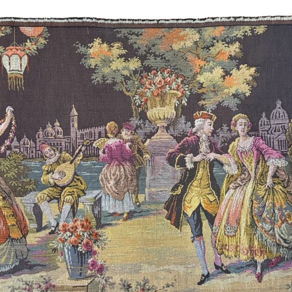 VTG Antique Moonlight Serenade Belgian Tapestry Wall Hanging Rococo 38” X 20” - Picture 10 of 16